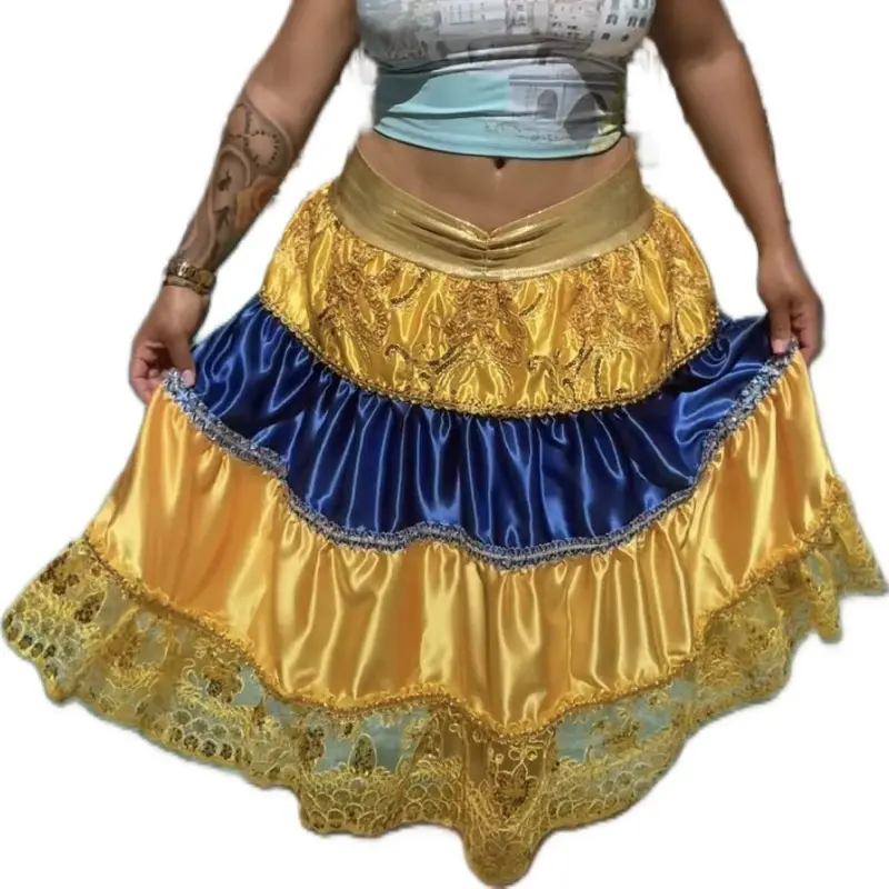 Falda de las dos aguas Yemayá y Oshún Gold and Blue Satin Skirt with Embroidered Lace Trim