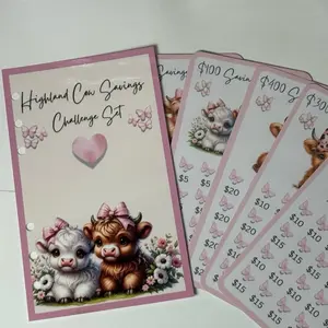 Highland Cow Savings Challenge Set | A6 Cash Stuffing Cards | Pastel Pink Budget Challenge