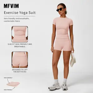 Women's Solid Ribbed Crop Tee & High Waist Skinny Shorts Set, Sporty Breathable Quick Drying for Yoga Gym Workout Running, Activewear, Athletic Tracksuit, Ladies Sportswear for All Seasons