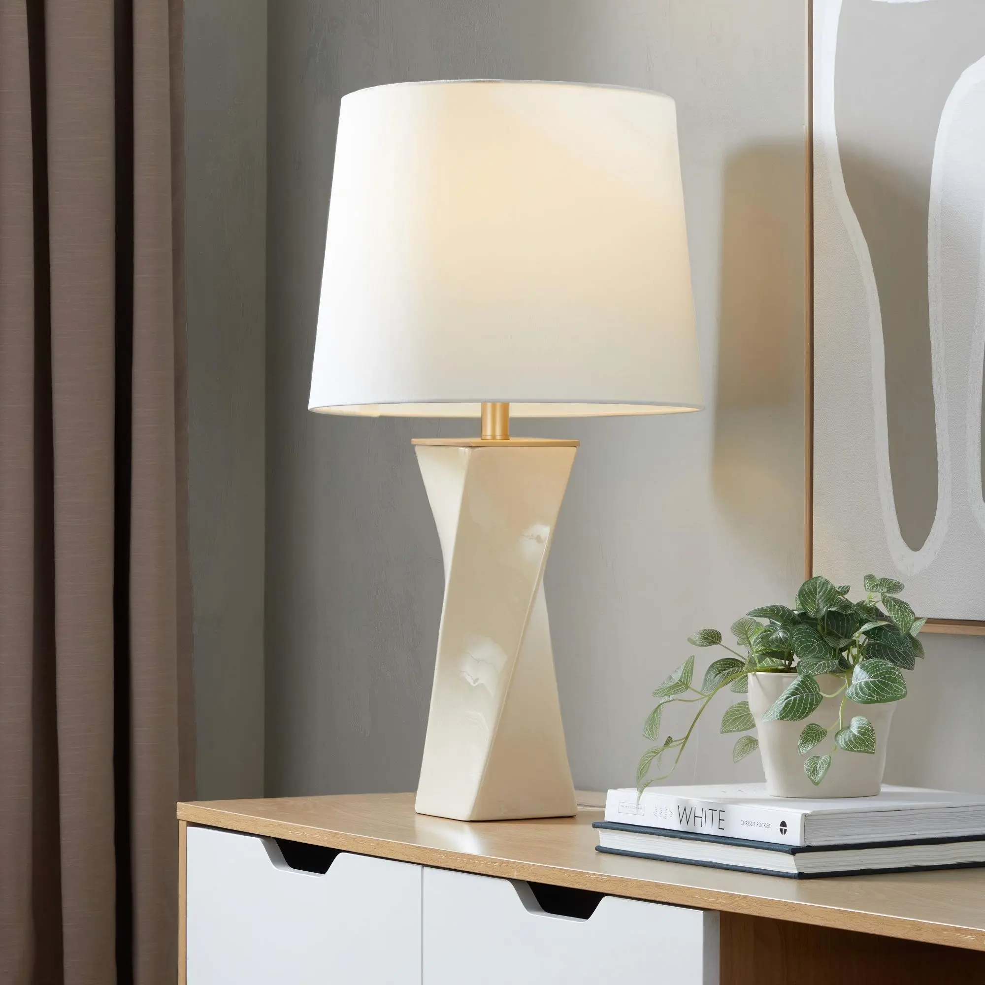 27-Inch Contemporary Ceramic Table Lamp with White Linen Shade, Cream and Gold Finish