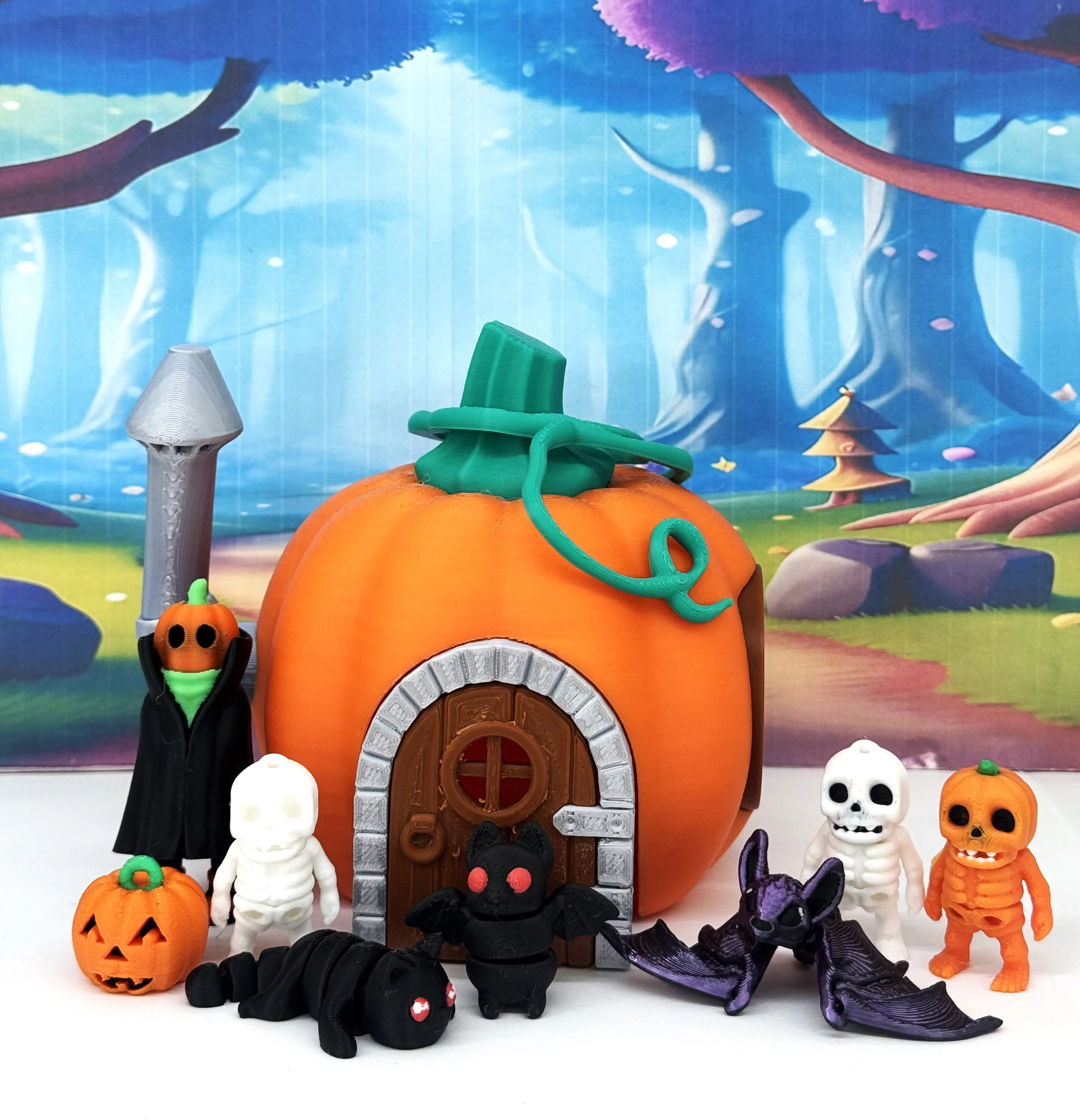 5-Inch 3D Printed Enchanted Halloween Pumpkin House Decoration - Spooky Toy with Tealight, Articulated Mini Bat, Jack-O'-Lantern, Skeleton Man, Ideal Halloween Gift
