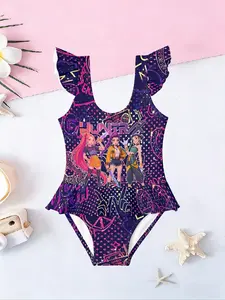 Girls' Huntrix Anime Girl Ruffled Detail One-Piece Swimsuit, Cool Cartoon Print Beach Vacation Swimwear, Casual Fitted Sleeveless Cut Bathing Suit