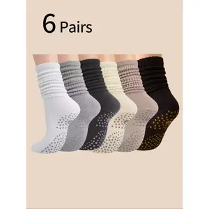 Women's yoga mid waist elastic socks, anti slip Pilates fitness socks, indoor skipping rope dance training floor socks, 6-pack setRAIMENTRY