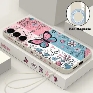 Flowers Butterfly Magnetic Case For Samsung Galaxy S25 S24 FE S24 S23 S22 Ultra Plus For Magsafe Wireless Charge Lanyard Cover