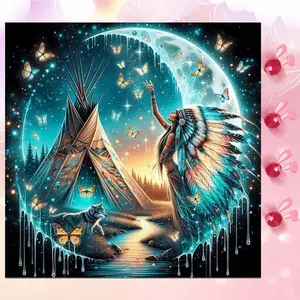 5D DIY Full Drill Round Diamond Painting - Diamond Art Painting Kit Indian, Wolf, Butterfly Mosaic, Canvas - DIY Decorative Painting, Home Wall Decor, Suitable for Halloween and Christmas, Birthday and Anniversary Gifts