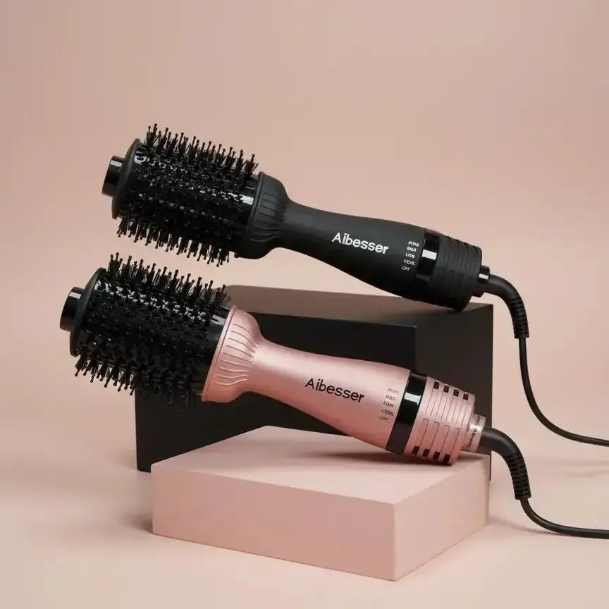 Aibesser 4-in-1 Dual Voltage Hot Air Handle Volumizer Hair with Ceramic Tourmaline Ionic Curling Brush Lightweight Plug Dryer/Curler/Straightener/Scalp Massager, Anti-Scald Bristles, Intelligent Heat Control, Cold & Hot Air Cycle summerwins,father'sdaygif