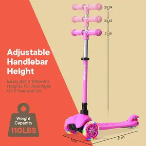 Pink Kids' 3-Wheel Mini Kick Scooter for Ages 2+, Lean-to-Steer Design, LED Light-Up PU Wheels, Adjustable Handlebar, Wide Anti-Slip Deck, Rear Ft Brake