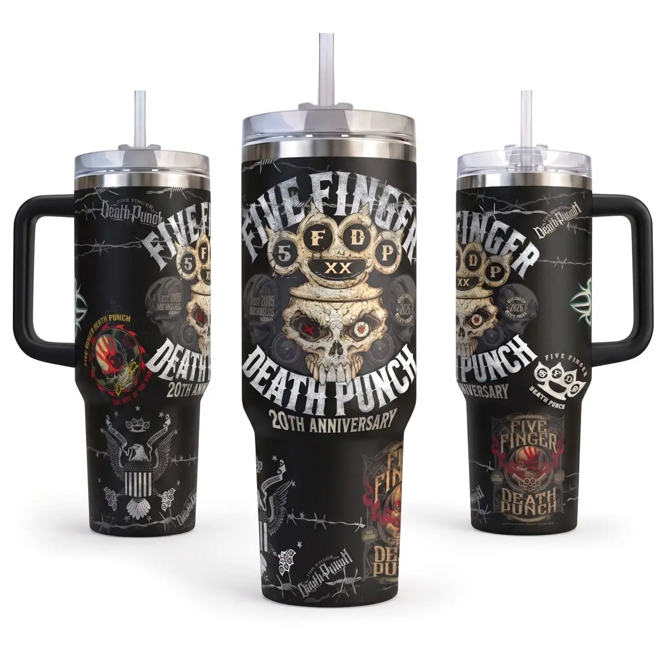 Five Finger Death Punch FFDP 20th Anniversary Vacuum Insulated Tumbler with Lid and Straw - Stainless Steel Travel Coffee Mug Double Wall Hot & Cold Drink Cup Leakproof Portable