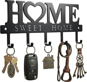 WIPHANY Entryway Wall Key Holder with 5 Hooks, Metal Key Rack Wall Mount for Keys, Bags and Leashes, Decorative Organizer for Entryway, Mudroom or Hallway, Sweet Home Design, 9.8 inches, Black