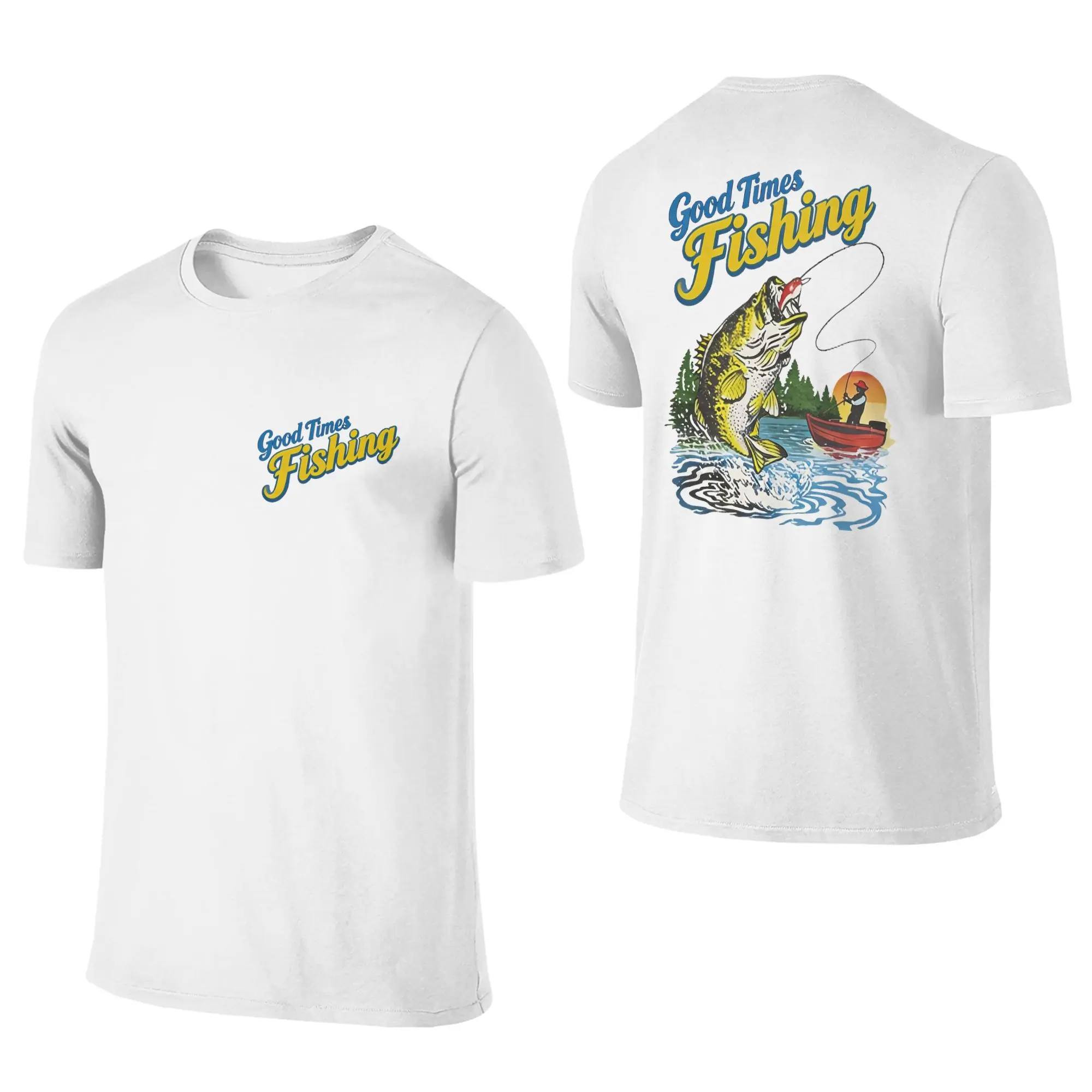 Men’s Vintage Short-Sleeve Shrink-Resistant Cotton Round Neck Fishing Tee - Front Chest & All Over Back Big Bass Lake Sunset Boat Print, Retro Casual Outdoor Angler Top, Daily Menswear Garment