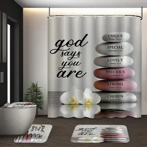 LVRLVR 4Pcs God Says You Are Christian Bible Verse Stone Print Inspirational Zen Multi-Color Shower Curtain Set Shower Essentials Bathroom Decoration Accessories 70.8×70.8 Inch