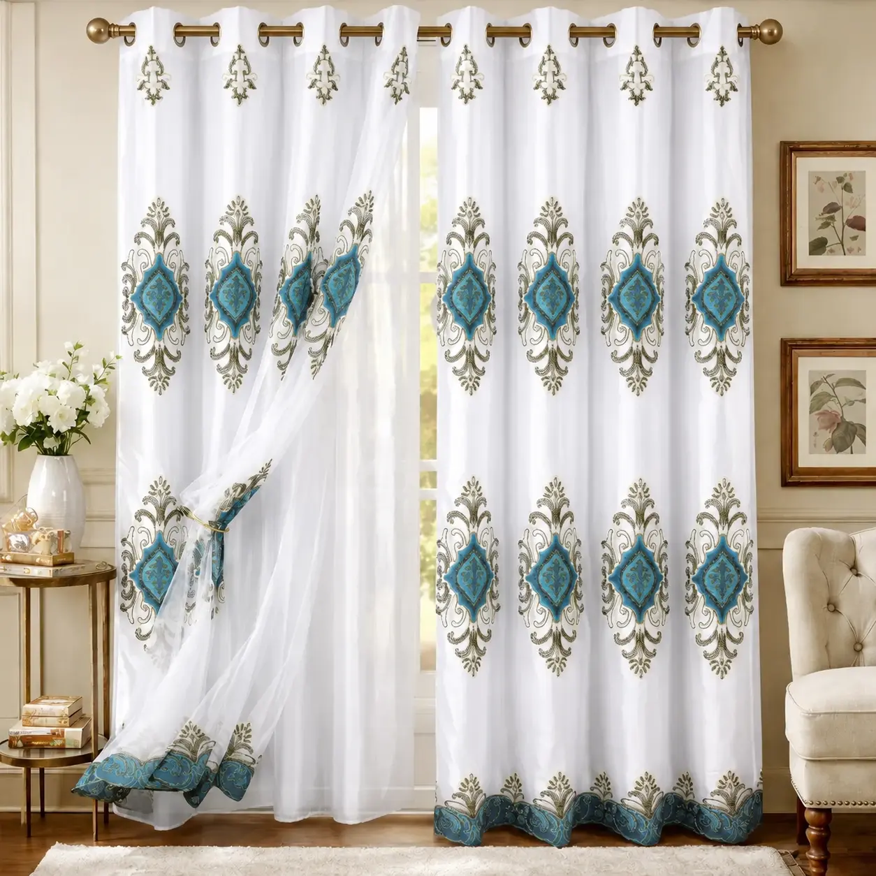 1pc White Sheer Curtains with Turquoise & Gold Embroidered Medallion 84"x54" Luxury European Classic Window Drapes Elegant Ivory Fabric Burgundy Red Gold Baroque Pattern Light Filtering Airy Premium Home Decor for Living Room Bedroom