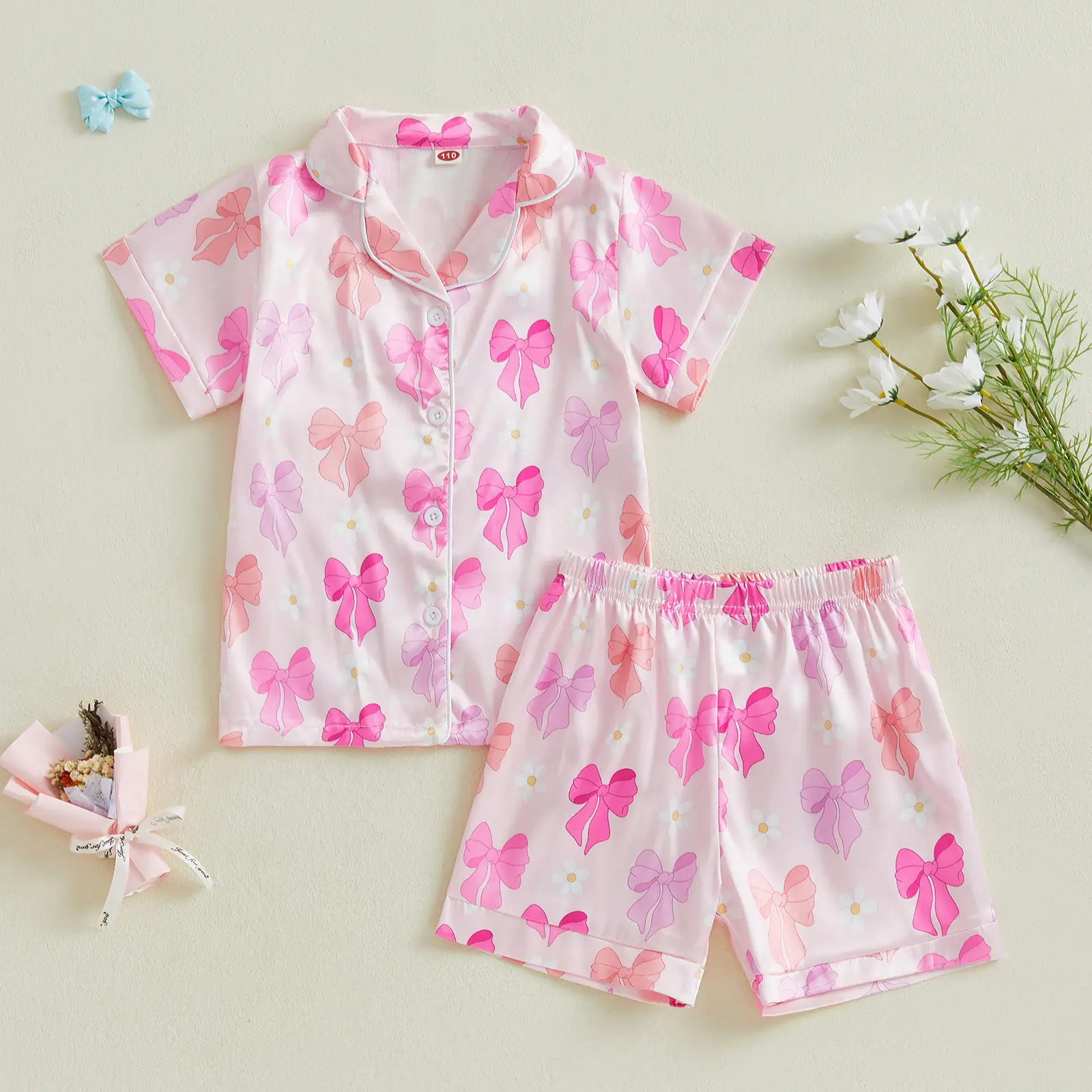 Kid Girl Summer Pajamas Set Bow Print Lapel Short Sleeve Button Down Tops with Shorts Satin Sleepwear