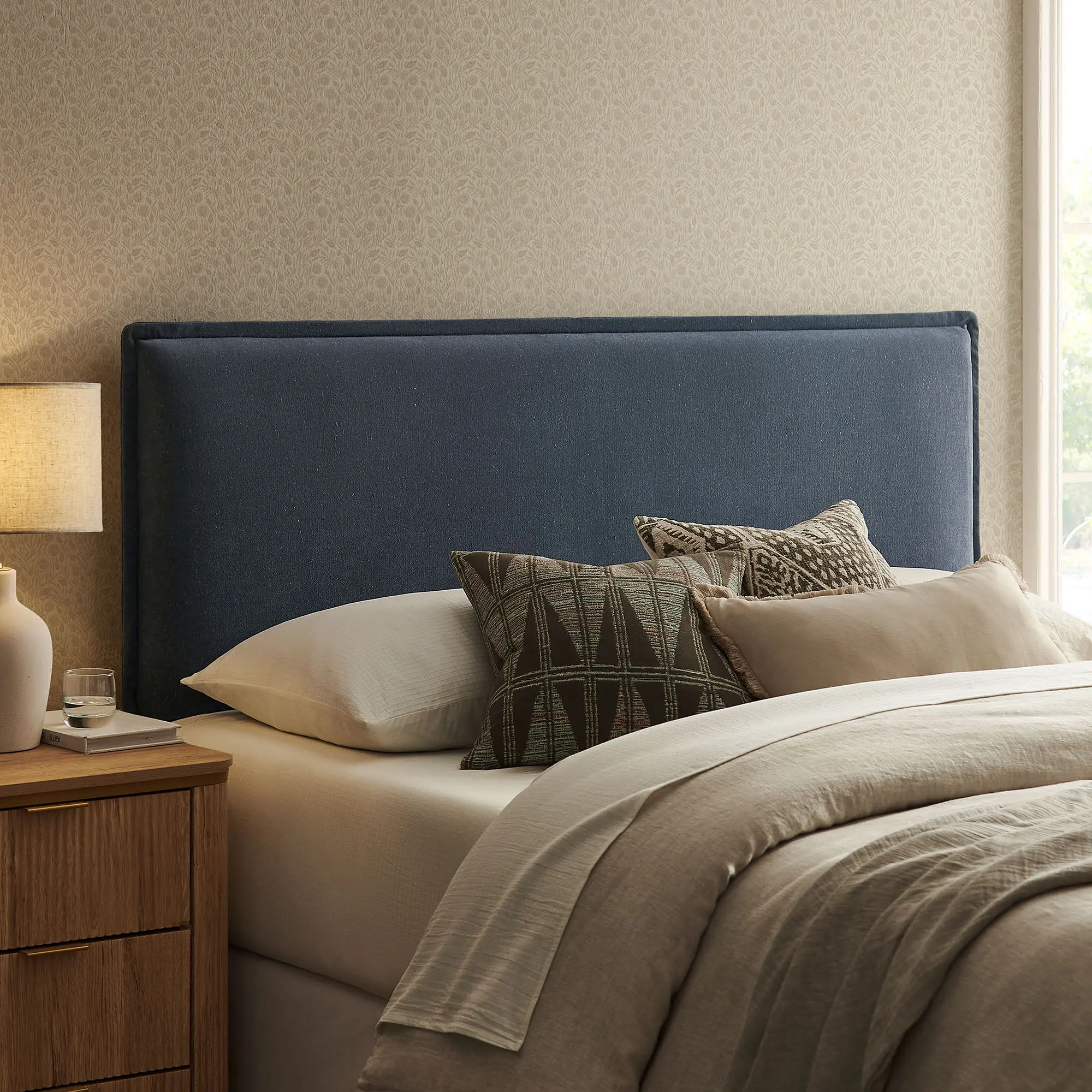 Camille Upholstered Linen Blend King Size Headboard in Denim