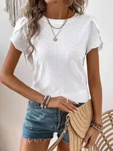 Elegant Women's Summer Casual Hollow Out Round Neck Short Sleeve Top Blouse Shirts, Solid Color Fashionable Pullover, Stylish Ladies' Clothing