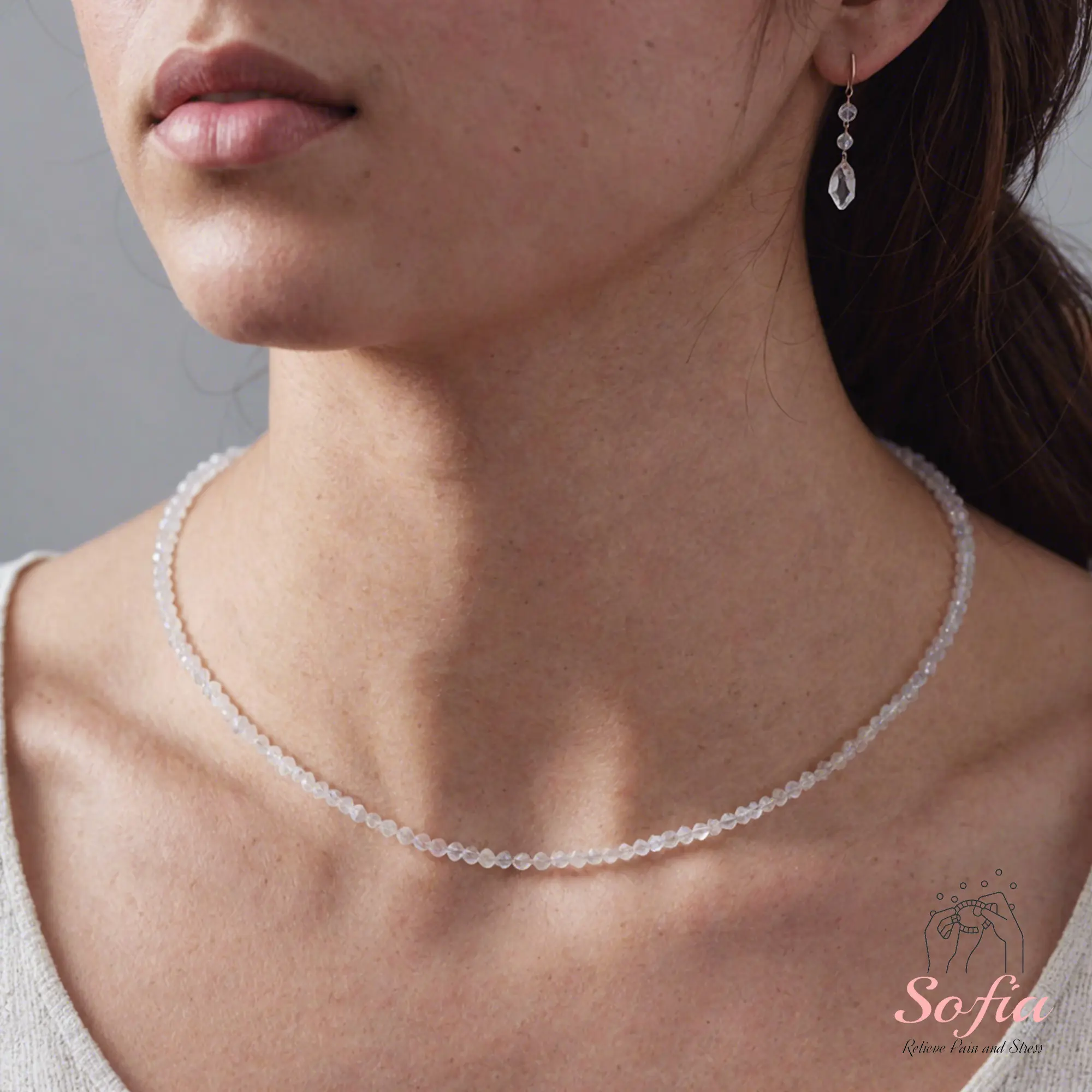 Delicate Clear Quartz Stone Beads Choker Necklace, Tiny Dainty Faceted Gemstone Beaded Necklace, Waterproof Crystal Beaded Choker, Dainty Minimalist Style for Women Handmade Adjustable, gift for her