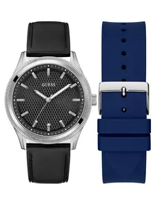 GUESS Male Silver-Tone Analog Leather Watch