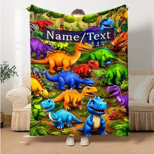 Customized 1 Piece Customized Name, Dinosaur Paradise Printed Blanket - Lightweight Flannel Blanket, Suitable for Sofa, Bed, Travel, Living Room, Office, Sofa, Chair, and Bed - Digital Printed Fleece Blanket, Soft and Warm Flannel Fabric, Gift for Family