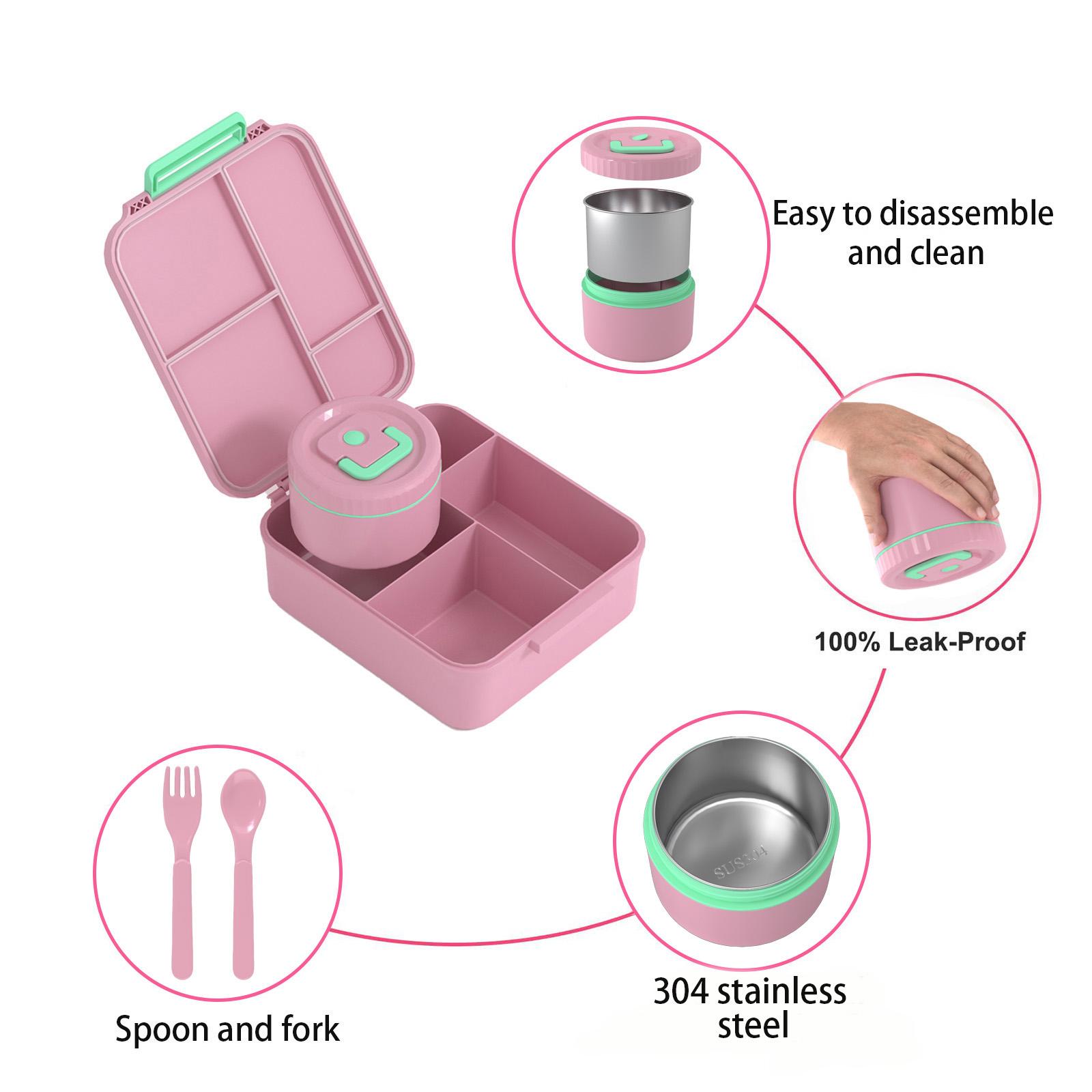 Insulated Bento Box + 8 oz Soup Warmer Hot Food Jar - 4 Lunch Compartments, Includes Utensils, Bright Pink/Blue, Perfect for School Trips & All Occasions Gift