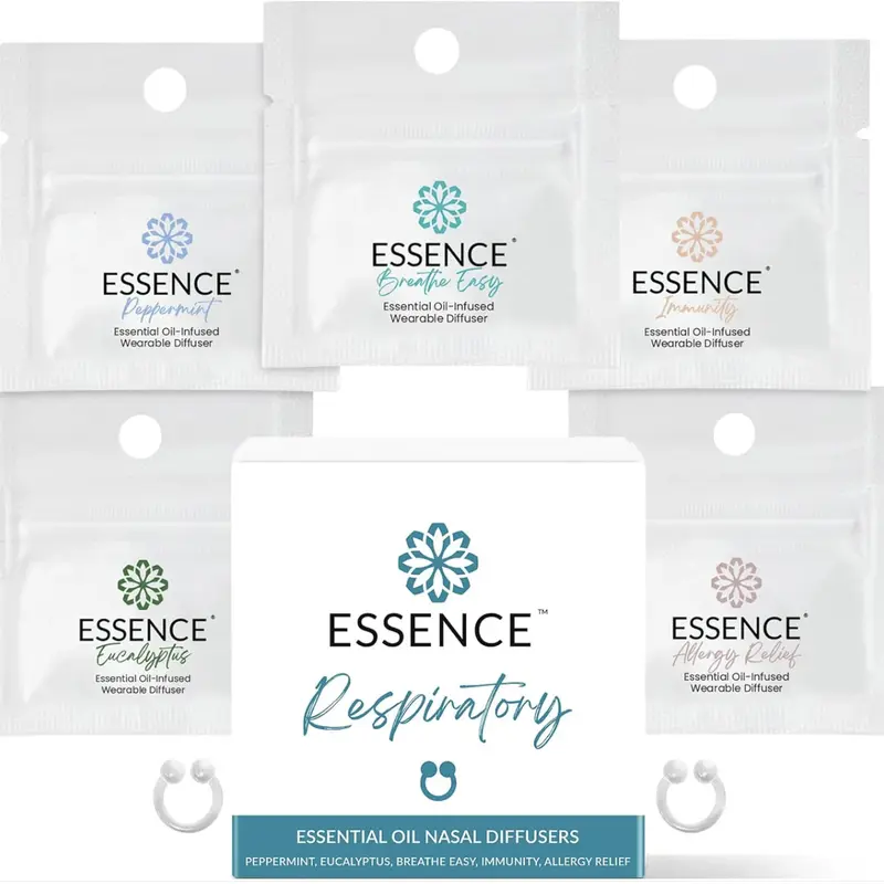 Essence Respiratory 5 Pack Bundle - Includes Peppermint, Immunity Blend, Breathe Easy, Allergy Relief, & Eucalyptus Nasal Diffuser Rings Healthcare Fitness Wellness Therapeutic