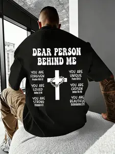 Religious Letter Print Men's T-Shirt, Casual, Multi-Color Options, Loose-Fit Drop Shoulder Long Top, Sporty Style Streetwear, All Seasons Wear