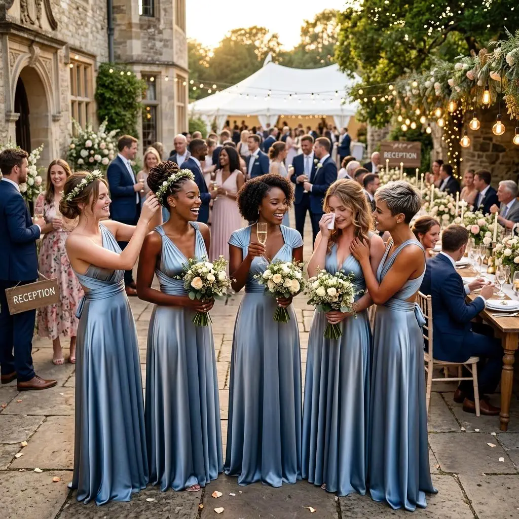 Women's Dusty Blue Minimalist Infinity Maxi Dress - Convertible Multiway Bridesmaid Gown with Pocket, Elegant for Bridal, Party & Evening Wear