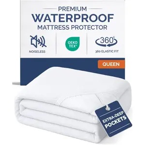 Waterproof Queen Size Mattress Protector Cover, Fitted Sheet with 16" Deep Pockets, Soft Breathable Cooling Noiseless Machine Washable Bed Protector
