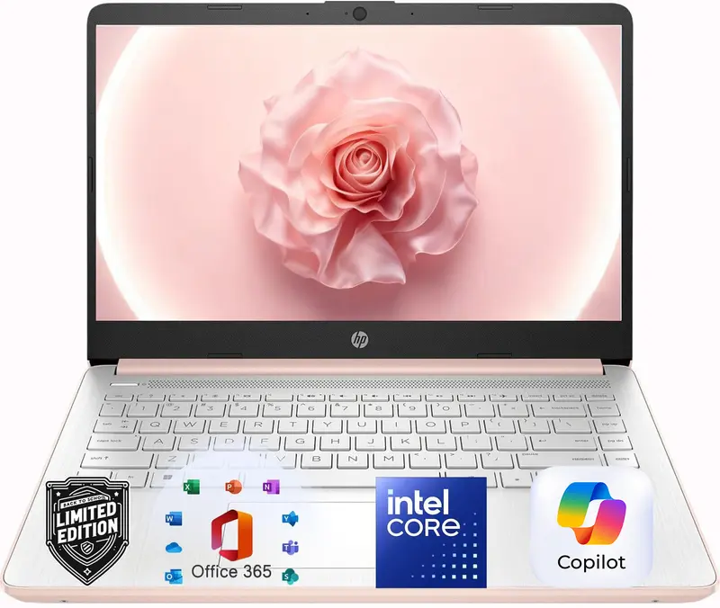 HP 14” Rose Gold Laptop, Intel Dual-Core, 4GB RAM, 64GB SSD, HD Display, Windows 11, Microsoft 365 Web Apps with 1TB OneDrive, Lightweight Student Computer, Rose Gold