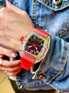Fiery Cyber Mecha Tonneau Watch Transparent Case, Vibrant Red Silicone Band, Rainbow Neon Gradient Bezel, Hollow Gear Dial, Street Explosive Style Watch for Festive Outfits & Parties