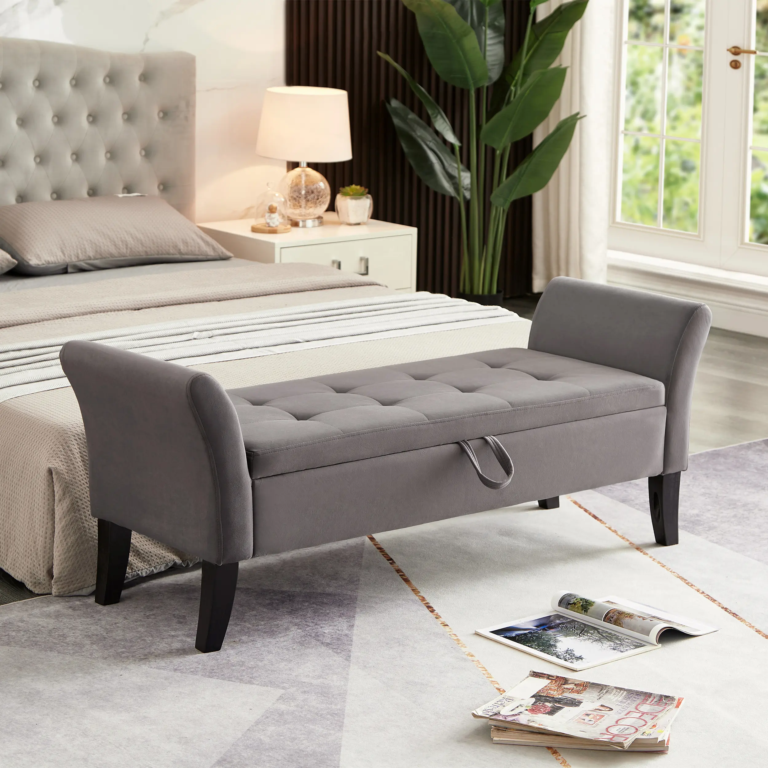 51” Bedroom Bench, End of Bed Bench with Button-Tufted Large Upholstered Storage Bench Ottoman Velvet Window Bench with Storage Shoe Cabinet Bench, for Bedroom, Entryway, Closet, Grey