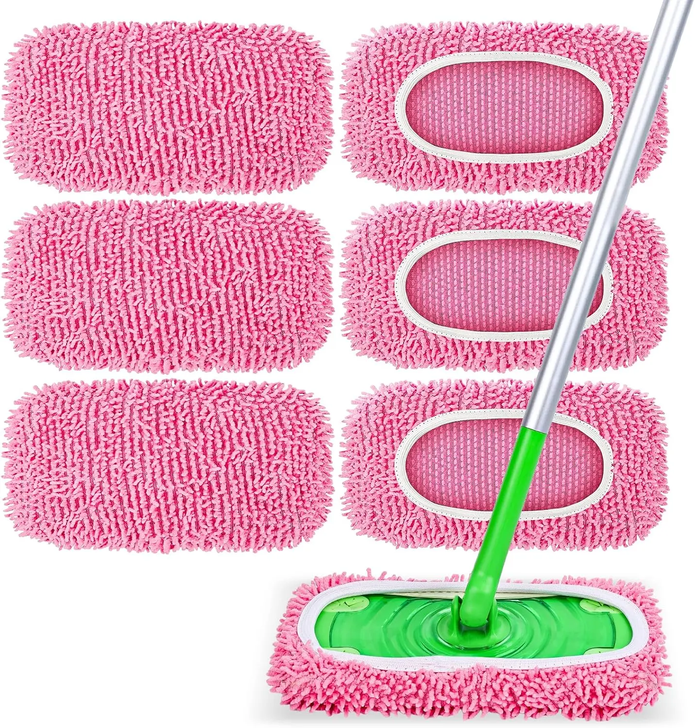 6-Pack Reusable Chenille Mop Pads, Compatible with Swiffer Sweeper, Dry & Wet Mopping Cloths for Floor Cleaning, Pink