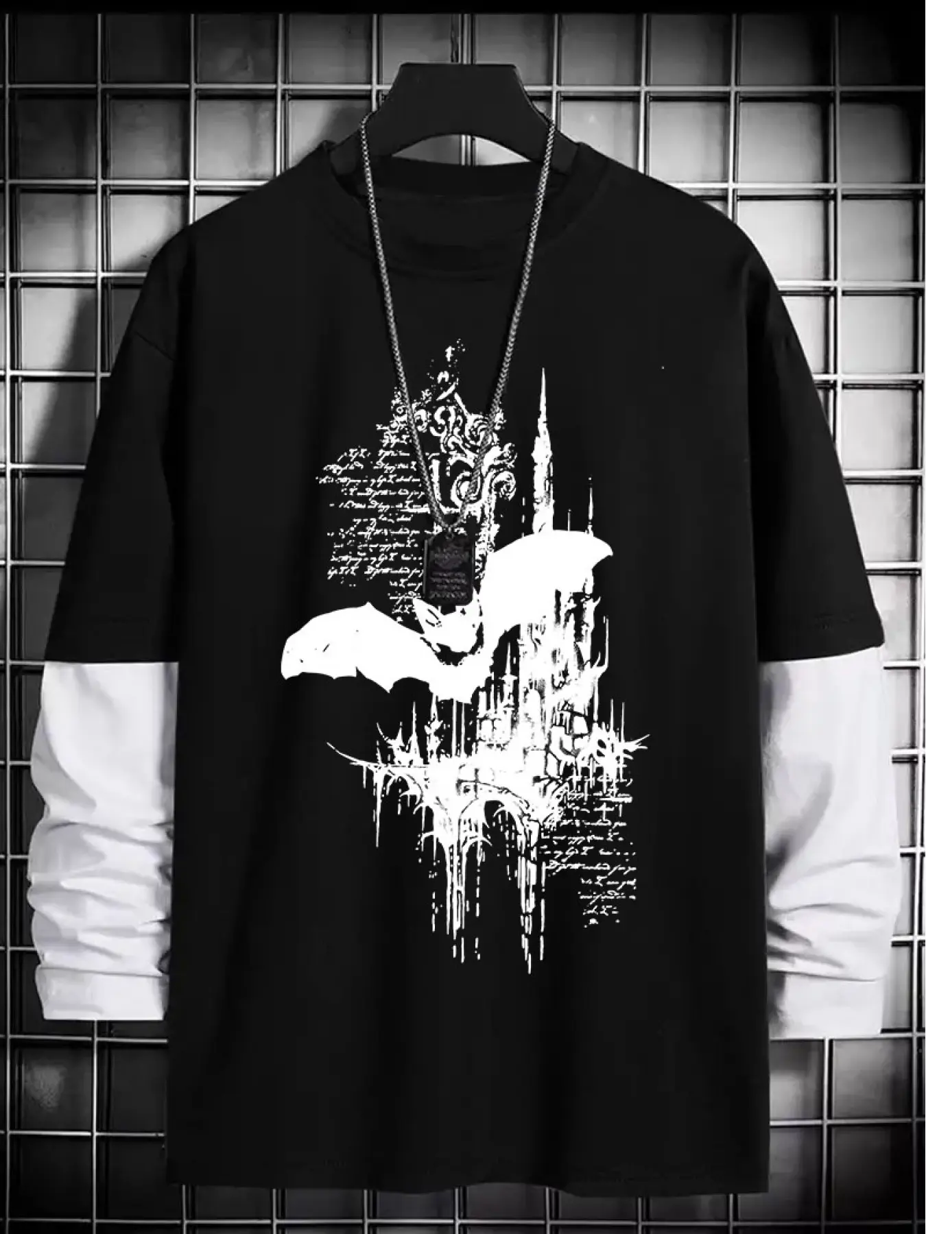 Gothic Bat Pattern Geometric Loose Long Sleeve Round Neck T-Shirt, Fashion Streetwear Casual Style, Comfortable Trendy Top Gift
