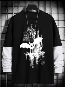 Gothic Bat Pattern Loose Long Sleeve Round Neck T-Shirt, Fashion Street Casual Style, Comfortable Trendy Top Gift