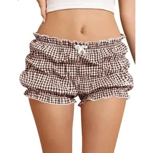 Womens Ruffle Bloomer Shorts 2025 Low Rise Y2k Micro Mini Gingham Boxer Lounge Shorts Cute Sleep Bottoms