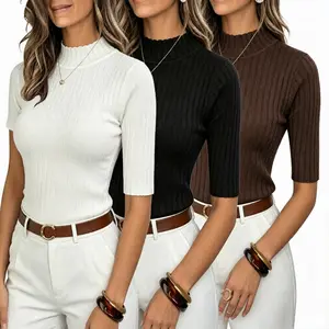 Women's 3-piece polyester short-sleeve -fit T-shirt set — stylish matching tops, Y2K summer casual going-out party outfit with elastic fabric Crewneck