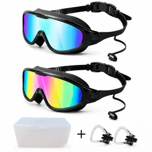 Swimming Goggles For Adults, Wide View Swim Goggles for Men&Women, Anti-Fog, Full Coverage Design, 3-Color UV Protection Lenses, With Integrated Earplugs & Nose Clips, Suitable For Outdoor Activities, Outdoor Fun