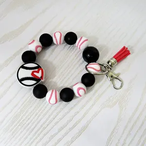 Baseball Beaded Keychain Bracelet with Tassel – Stretch Wristlet Gift for Moms Coaches and Fans