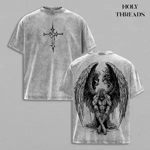 Holy Threads Tormented Angel T-Shirt Washed , Fallen Dark Angel Oversized Tee, Gothic Angel of Despair Shirt, Heavyweight Cotton Washed Heaven and Hell Streetwear Angel vs Demon Art Jesus Apparel Christ the Savior