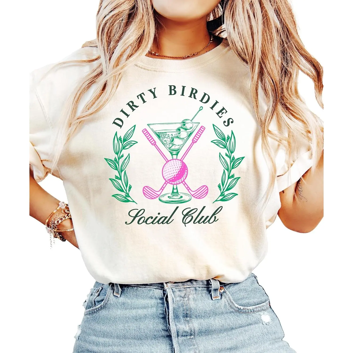 “Olive Loves Apple” fun women’s golf T-shirt by Dirty Birdies, “Martini” preppy golf tee for golfers