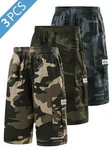 Men's 3-Pack Camo Cargo Shorts, Camouflage, Multi-Pocket Design, Drawstring Waistband, Casual Streetwear Shorts, Comfortable and Stylish