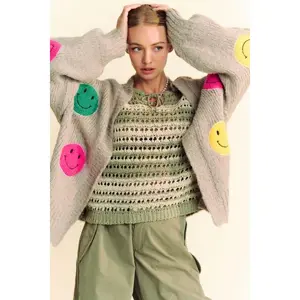 Davi & Dani Fuzzy Smile Open Front Long Sleeve Cardigan
