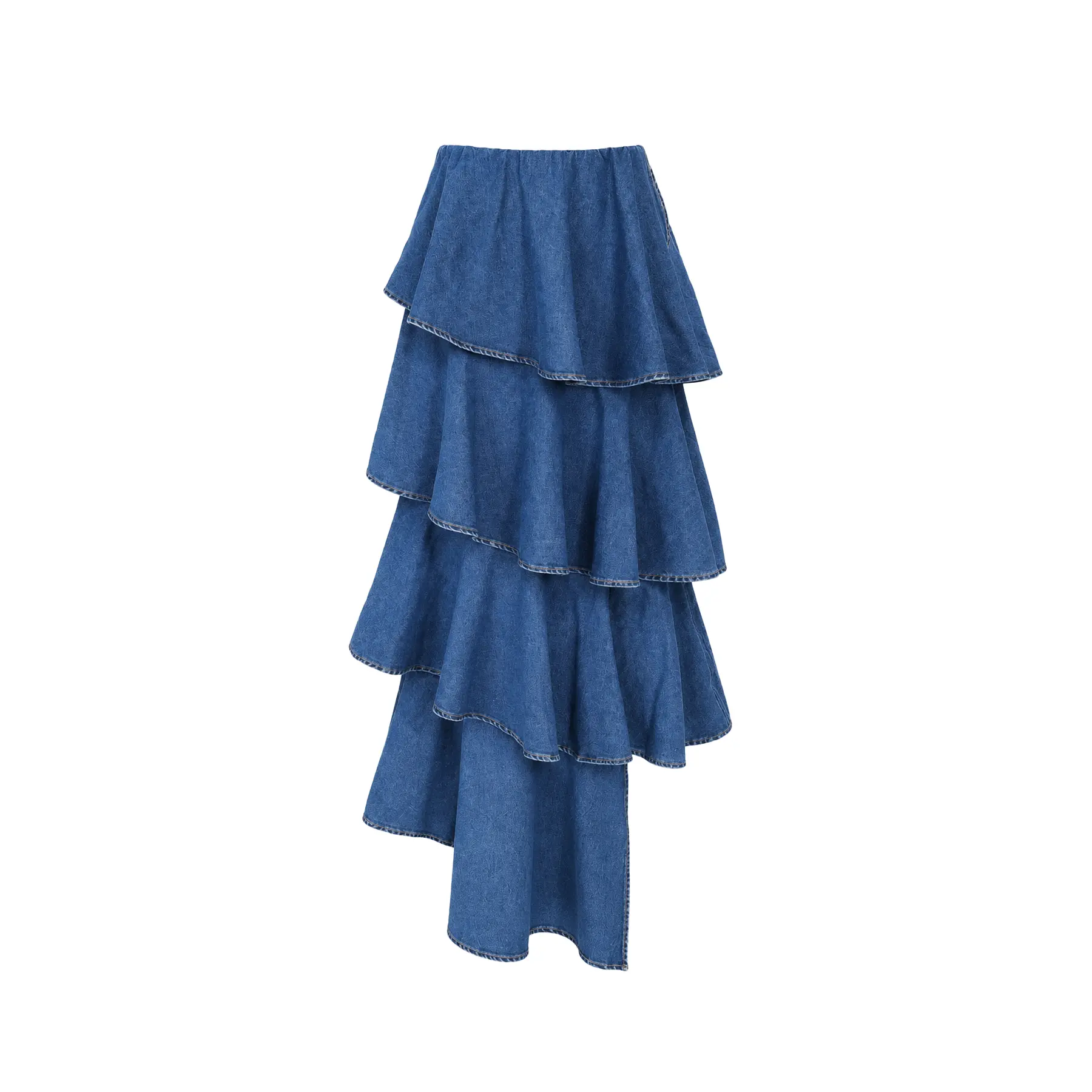 Spiral Ruffle Denim Midi Skirt