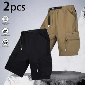 Men's 2-Pack Quick-Dry Military-Inspired Cargo Shorts, 2-Piece Set with Multi-Zippered Pockets, Adjustable Tactical Belt, Featherweight Crinkled Fabric, Elastic Waist, Loose-Fitted Medium Shorts for Summer Outings, Casual Wear, 2-Piece Set 1, Medium Men's