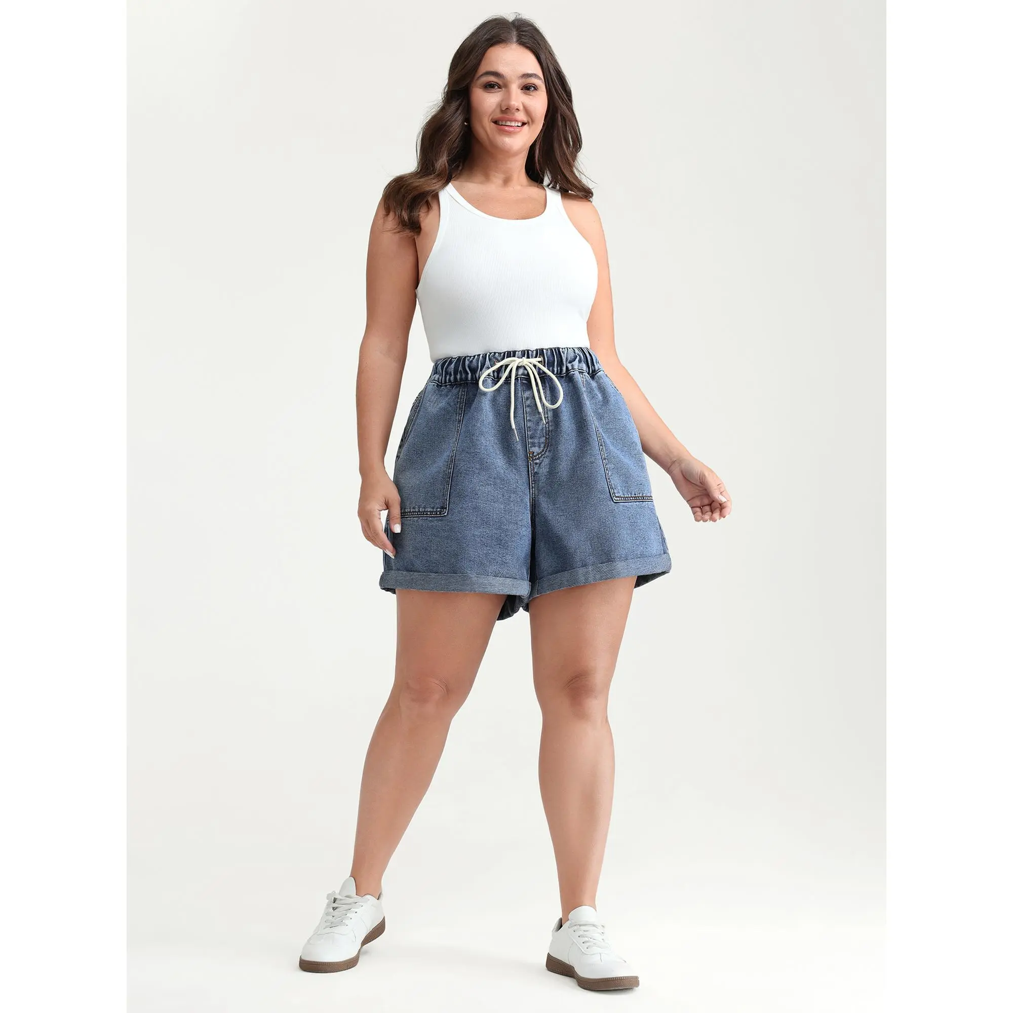 BloomChic Jorts for Women, Plus Size Curvy Casual Fit, Low Stretch Pull-On Straight-Leg Denim with Pockets and Cuffed Hem, Light Wash, Bottom, Garment, Lady, Fabric, Plussize, Curvy Clothing, Shorts Denim