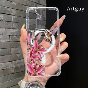 Magnetic Soft Case for  Samsung Galaxy S26 Edge S23 Ultra S24 Plus FE S25 S22+ Non-Yellowing Drop Protection Transparent Acrylic Large Hole Hummingbird and Lilies Pattern Shockproof Silicone Cover Supports Wireless Charging