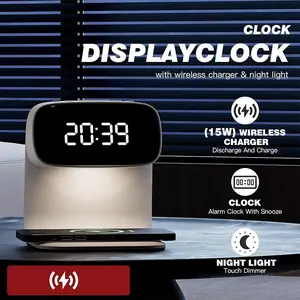3-In-1 Digital Clock Night Light Alarm Wireless Charger, Wireless Charging Stand, Time Display, Alarm, Night Light, Fast Charging Adapter, USB Connector