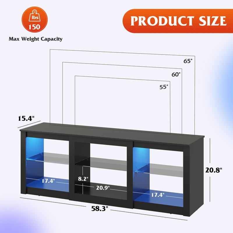 WLIVE LED TV Stand for 65 Inch TV, Modern Entertainment Center with Adjustable Glass Shelves & Customizable LED Lights, Sturdy Media Console for Living Room, Bedroom,Gaming