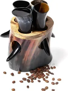 Medieval Warrior Genuine Ox Horn Shot Glass Set of 4 (12oz) with Stand