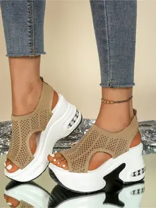 Women's Platform Sandals Elastic Breathable Fabric Thick Heel Sandals Summer Fashion Open Toe Sandals