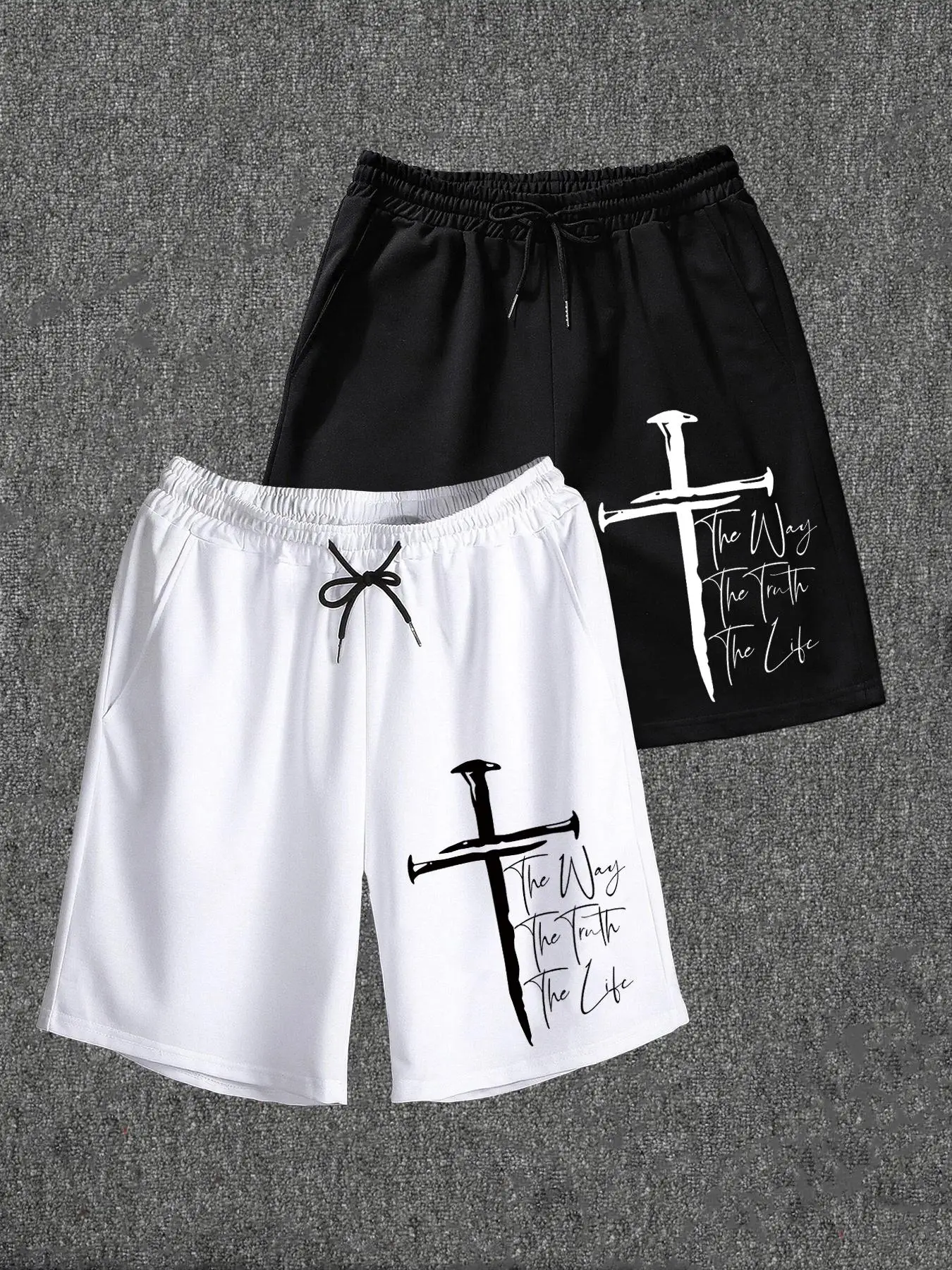 Men's Cross Letter Print Drawstring Waist Shorts, Casual Loose Pocket Track Shorts for Summer, Breathable Men's Bottoms for Daily Wear